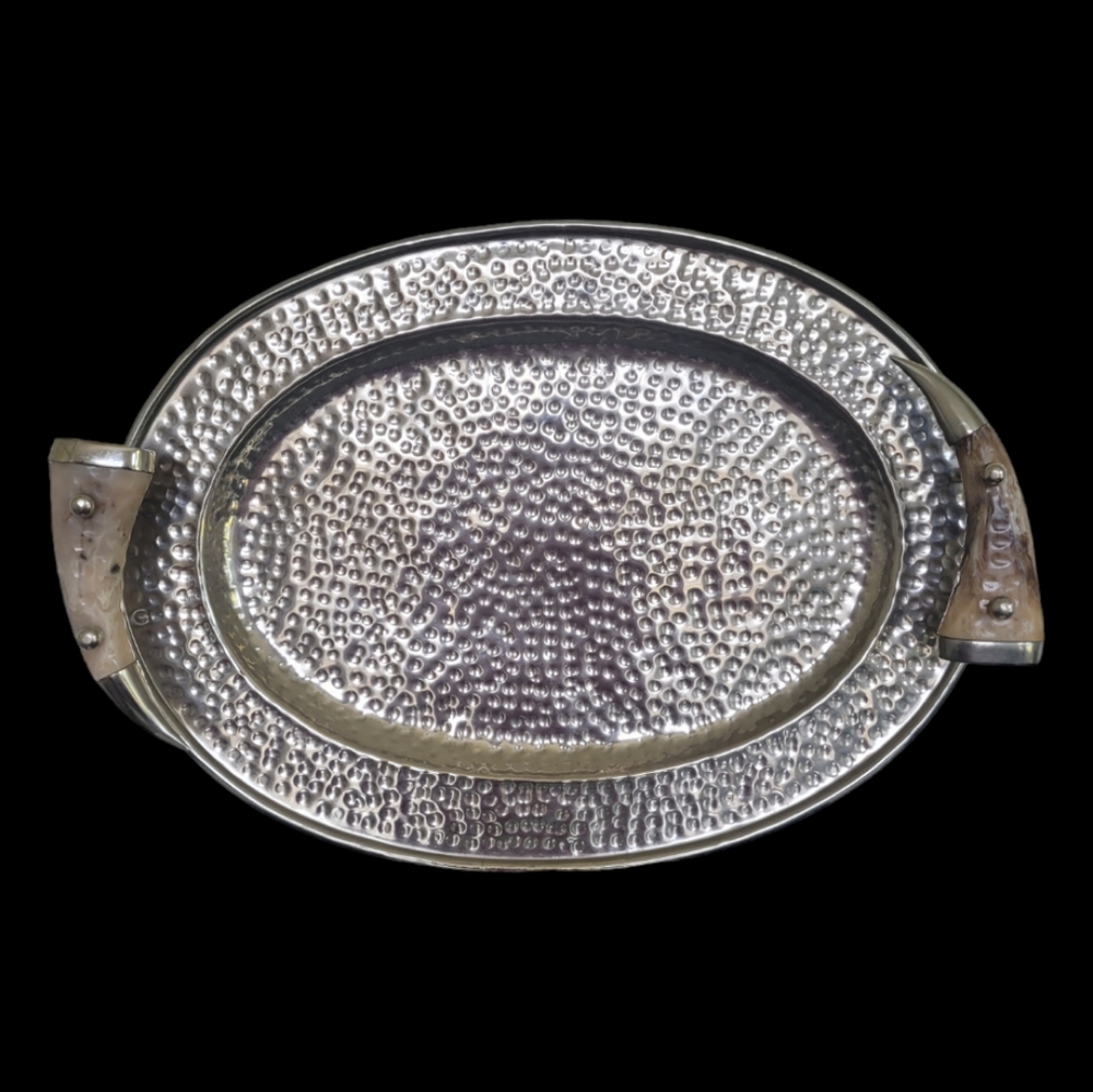 Western Hand Hammered Nickel Serving Tray Horn Handle 24"x18" Shabby Chic